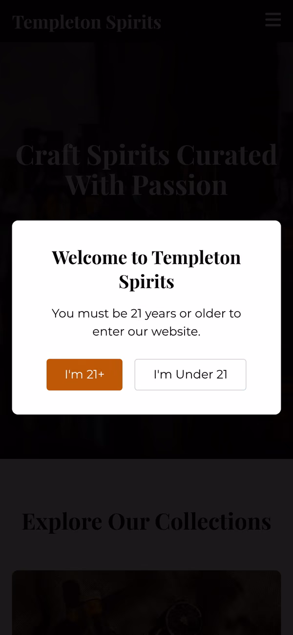 The Templeton Spirits age check on a phone, asking visitors to confirm they are 21 or older
