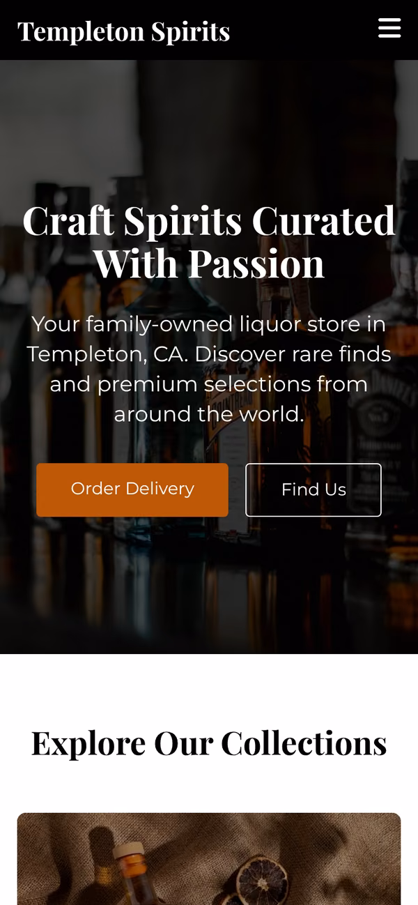 The Templeton Spirits homepage on a phone, with Order Delivery and Find Us buttons