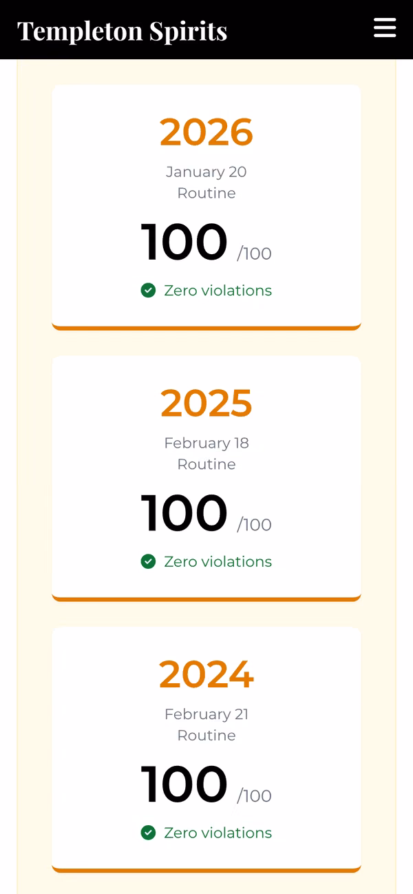 Templeton Spirits health inspection results on a phone: 100 out of 100 with zero violations in 2026, 2025 and 2024